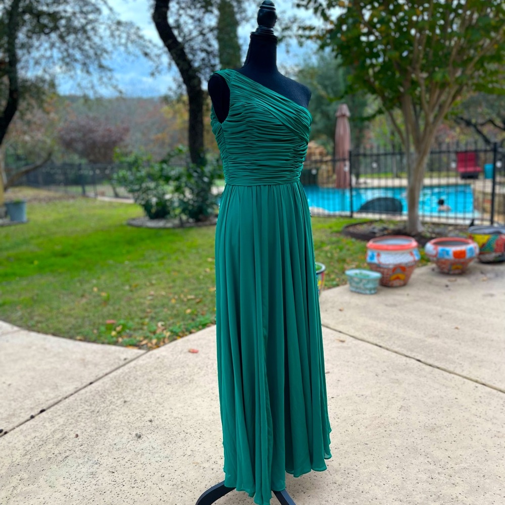 Halston Heritage size 2 one shoulder 43”long dress; bright Kelly green color